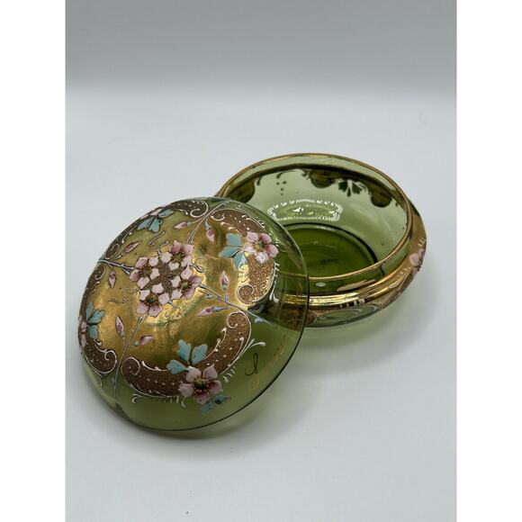 Vintage French Green Hand Painted Gold Rim Dresser Vanity Trinket Box Signed - Picture 8 of 10